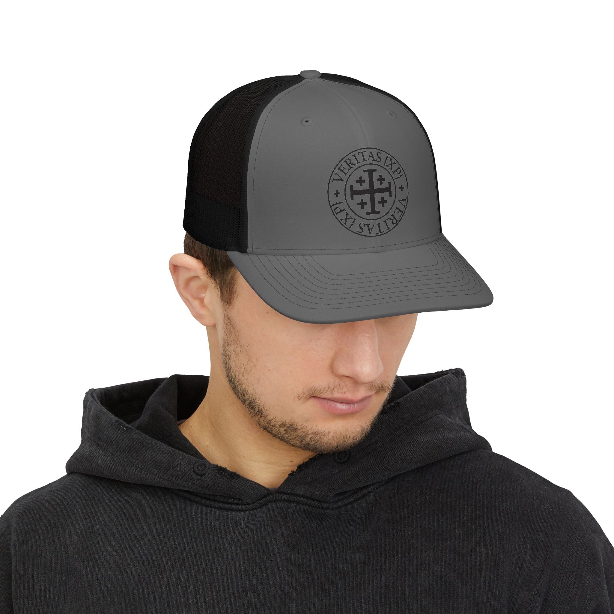 Veritas VRS Richardson 112 Trucker Cap — Embroidered Cross Emblem Snapback